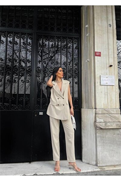 Kanonik Education Striped Long Vest - Pants Suit Polvi̇scon - Beige