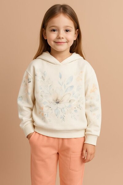 Yalçınoğlu Kids Girl's Hooded Piece Tracksuit Set Pink Patterned Bottom Top Set 3-9 Years Old