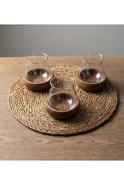 kaya ve demir 3-Piece Borosilicate Glass Tea Presentation Set with Wooden Base and Straw Mat (7 Pieces)