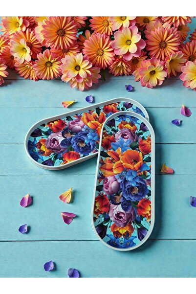 Canbay Store 2 Adet Aden Rengarenk Çiçekli Tepsi Tek Kişilik Sunum Tepsisi