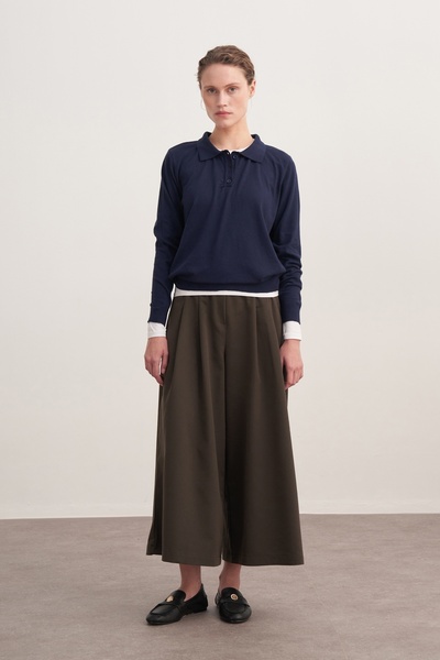 EBU Prive Women's Gabardine Double Pleated Trousers Dark Khaki