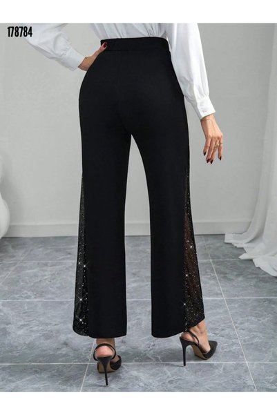 Modayakamoz New Season Women's Stylish Crepe Trousers High Waist Side Tulle Detailed Trend Piece
