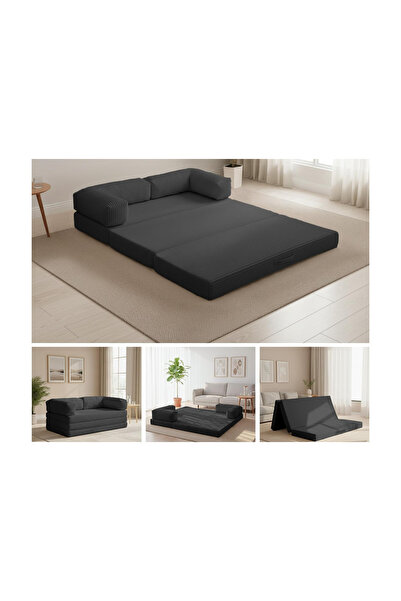pavellium home Flexi Puzzle 180x80 Siyah 5’i1 Katlanır Çift Kişilik Kanepe-Yatak – Peluş, Çekmeli, Kolçaklı