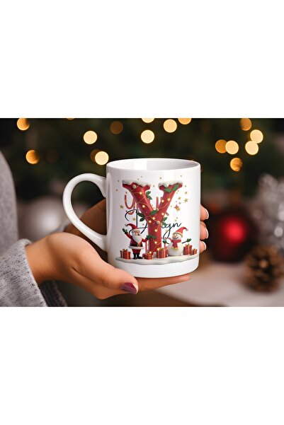 Beramussa Y Initial Letter Christmas Mug – Christmas Themed New Year Gift with Light-Up Santa and Snowman