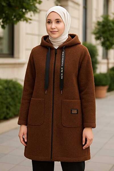 ECK MODA Γυναικείο παλτό με φερμουάρ με διπλή τσέπη πάνω από το γόνατο από βελούδινη τσόχα