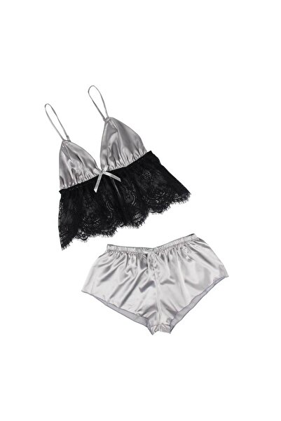 Lingerie and Fashion Style Hollow Sexy Sleepwear Satin Lace Splicing Pajama Sets