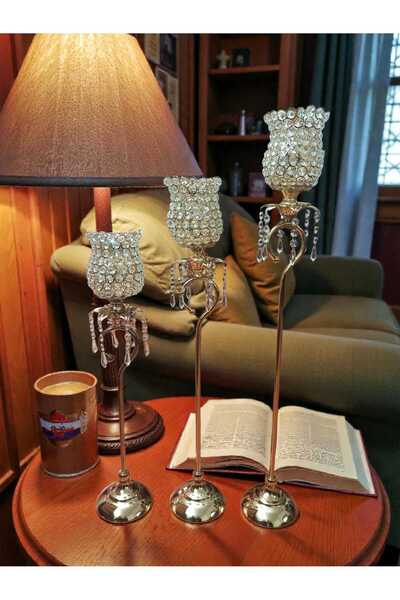 Hureggo vintage gold kristal taşlı dekoratif mumluk seti 3'lü & 90 cm