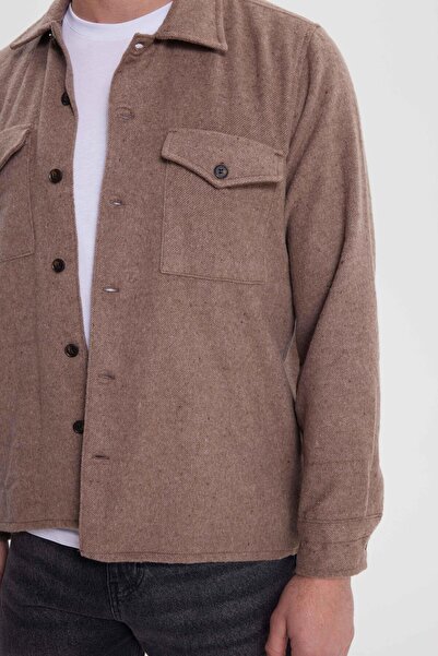 Tudors Men's Regular Fit Relaxed Fit Double Pocket Flap Snap Button Light Brown Shirt