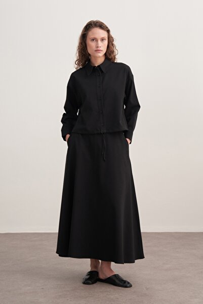 EBU Prive Women's Gabardine Belted Flared Skirt Black