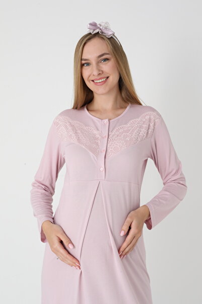 BLACKMORE Women's Pink Shawl Collar Jacquard Long Sleeve Cotton Full Length Winter Maternity Nightgown-Robe Set