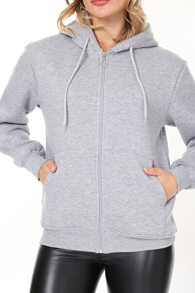 HEDEF DAİSY Women's Tops Hooded Kangaroo Pocket Zippered Three Thread Sh Fleece-Lined O Oversized Sweatshirt