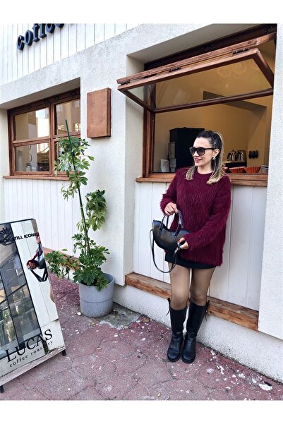 Gözde Tasarım Butik Women's Burgundy Color Fur-Like Looking Cropped Sweater with Bicycle Collar