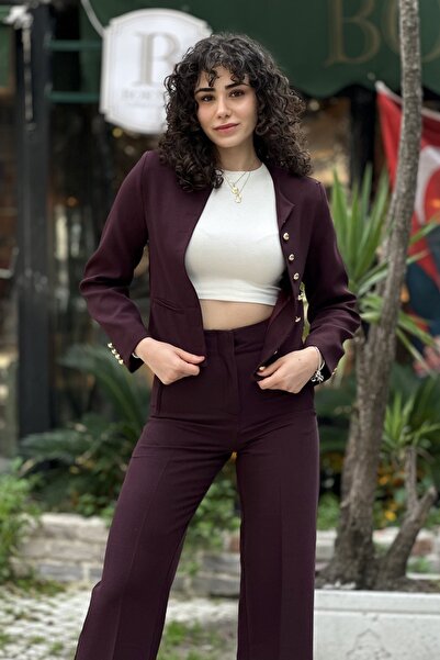 CurcunaShop Kadın Sıfır Yaka Düz Sık Yuvarlak Düğmeli Crop Ceket