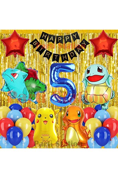 Parti Station Pokemon Konsept 5 Yaş Doğum Günü Perdeli Balon Set Pokemon Pikachu Bulbasaur Charmander Squirtle