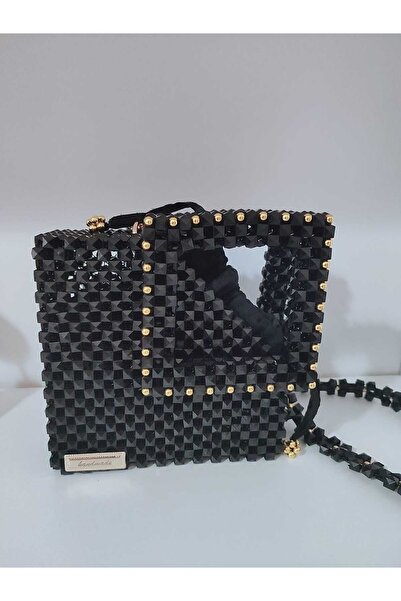 Pixel Siyah Altın Detaylı Boncuk El ve Omuz Çantası – El Yapımı