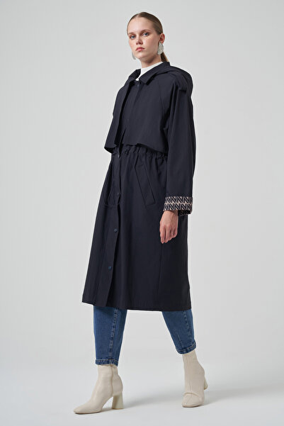 Nuss Hood and Lining Detail Cap Trench Coat Jacket 6033 Dark Navy Blue