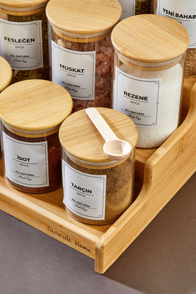 MODA OZY 12-Piece 200-250-300 ml Borosilicate Glass Spice Jar Set with Bamboo Stand and Bamboo Lid, Spoon and Label Included