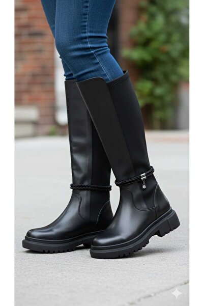 GNY AYAKKABI Cizme de damă negre cu talpă groasă din frânghie polivalentă