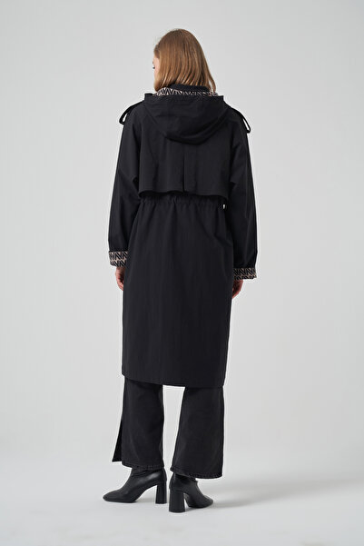 Nuss Hood and Lining Detail Cap Trench Coat Jacket 6033 Black