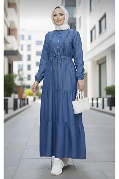 Hb Harma Time Butik Women's Ruffle Detailed Buttoned Dark Denim Blue Dress