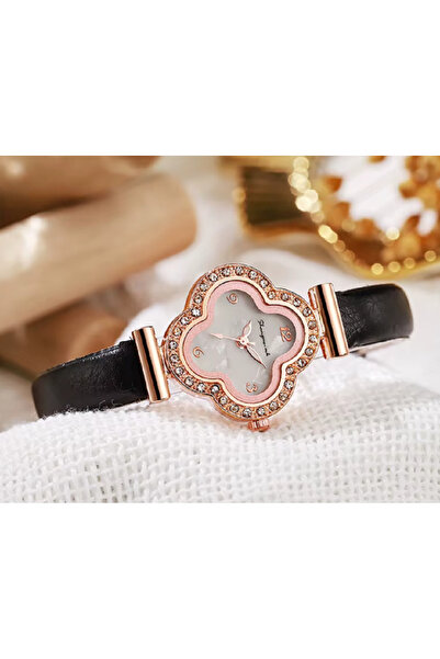 TChic Black Leather Clover Stone Watch