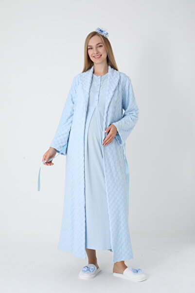 BLACKMORE Women's Blue Shawl Collar Jacquard Long Sleeve Cotton Full Length Winter Maternity Nightgown-Robe Set