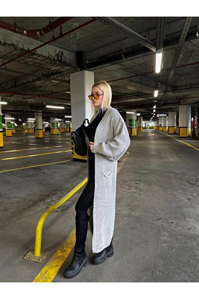 FİOXCO Vox Double Pocket Balloon Sleeve Maxi Length Wool Knit Cardigan