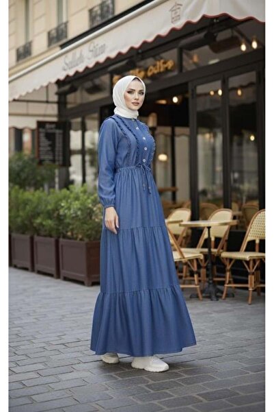 Hb Harma Time Butik Women's Ruffle Detailed Buttoned Dark Denim Blue Dress