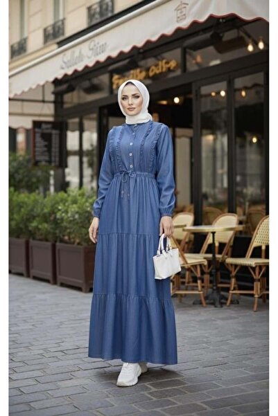 Hb Harma Time Butik Women's Ruffle Detailed Buttoned Dark Denim Blue Dress