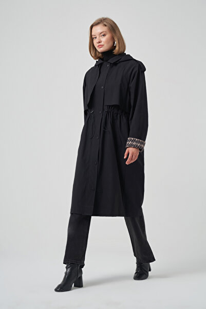 Nuss Hood and Lining Detail Cap Trench Coat Jacket 6033 Black