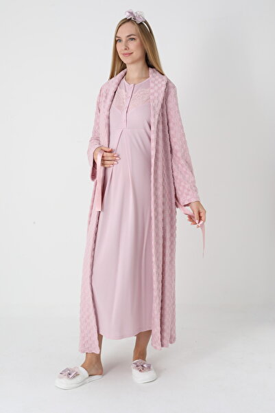 BLACKMORE Women's Pink Shawl Collar Jacquard Long Sleeve Cotton Full Length Winter Maternity Nightgown-Robe Set