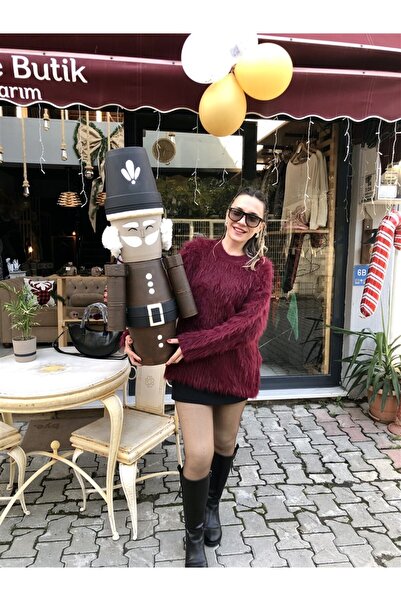 Gözde Tasarım Butik Women's Burgundy Color Fur-Like Looking Cropped Sweater with Bicycle Collar