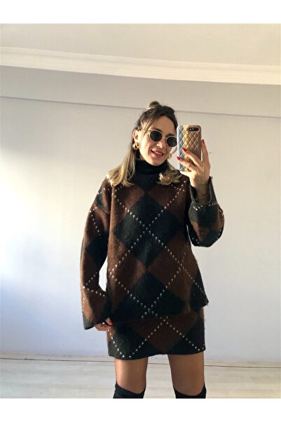 Gözde Tasarım Butik Women's Black Brown Baguette Patterned Skirt Sweater Knitwear 2-Piece Set