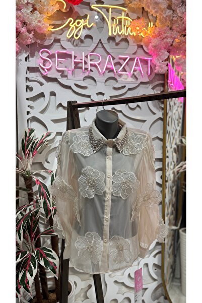 ŞEHRAZAT BUTİK Floral Design Shirt with Collar Stone Detail
