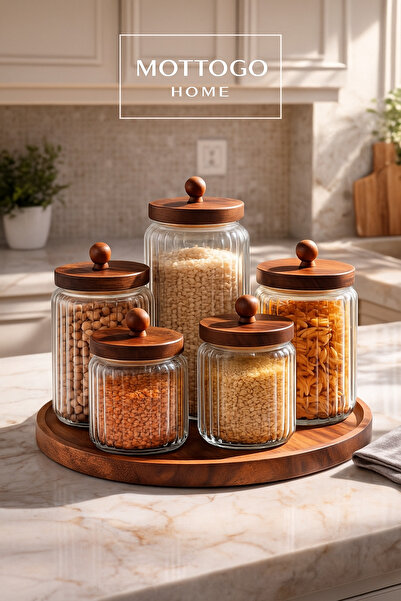 Mottogo 5-Piece Vacuum Glass Jar Set – Acacia Lid, 1300/950/650 ml with Wooden Base – Kitchen Storage Set