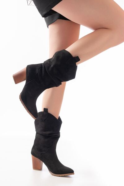 Zerenyus Zri̇n-1860 Premium Black Suede Bellows Thick Heeled Casual Women's Boots