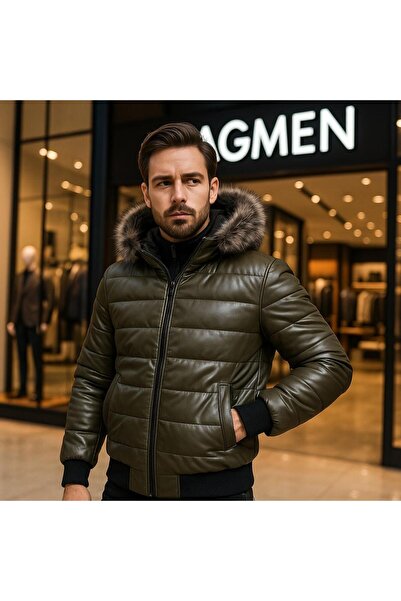 ZAGMEN Erkek Kürk Yaka Şişme Suni Deri Mont Haki