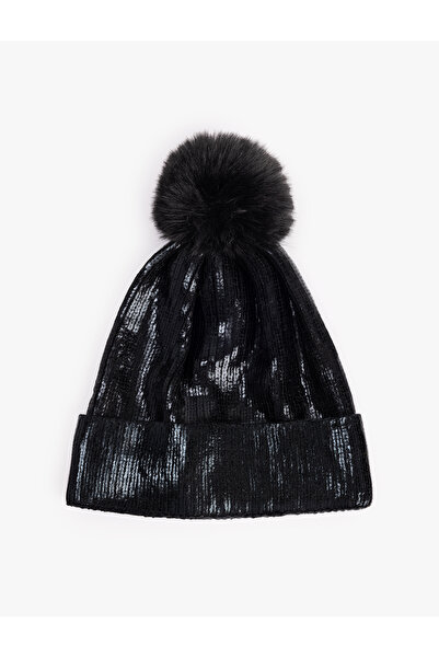 Koton Pompom Sequined Knitwear Shiny Layered Beret