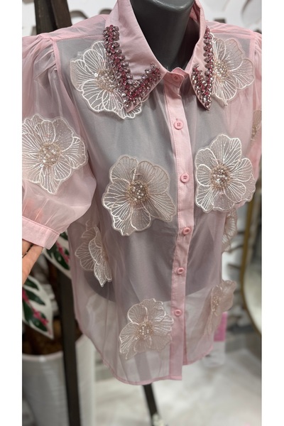 ŞEHRAZAT BUTİK Floral Design Shirt with Collar Stone Detail