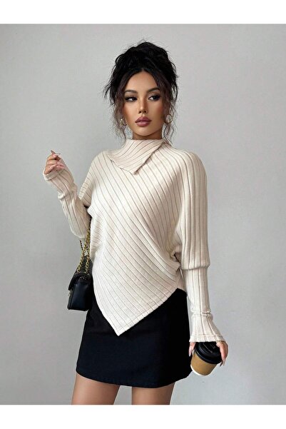 poswicon μπεζ υψηλό γιακά από υφασμάτινο υλικό με ασύμμετρη άκρη φούστας με μανίκια νυχτερίδας κομψό ust