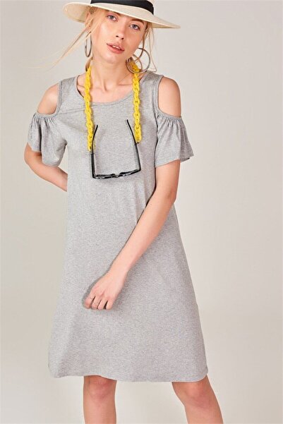 JE-TU Women's Gray Off-The-Shoulder Loose Dress Jt8032