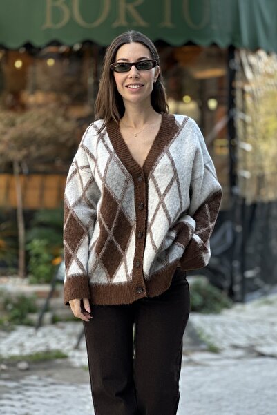 CurcunaShop Kadın V Yaka Şardonlu Baklava Desen Hırka