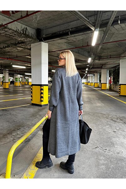 FİOXCO Vox Double Pocket Balloon Sleeve Maxi Length Wool Knit Cardigan