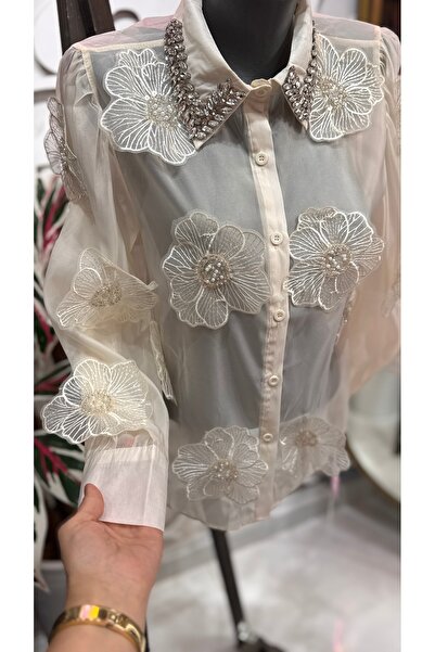 ŞEHRAZAT BUTİK Floral Design Shirt with Collar Stone Detail