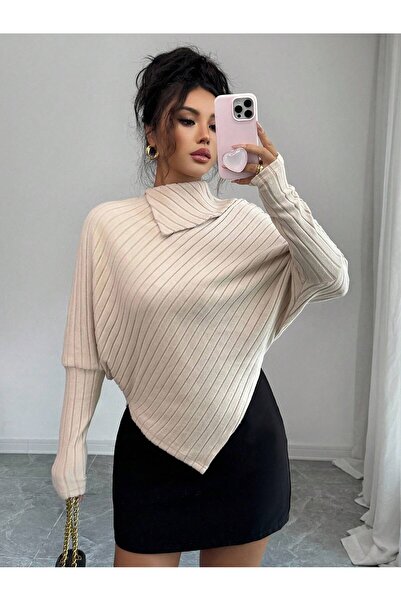 poswicon μπεζ υψηλό γιακά από υφασμάτινο υλικό με ασύμμετρη άκρη φούστας με μανίκια νυχτερίδας κομψό ust