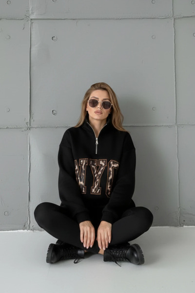 cemo Yarım Fermuarlı Oversize "NYC" Baskılı Sweat