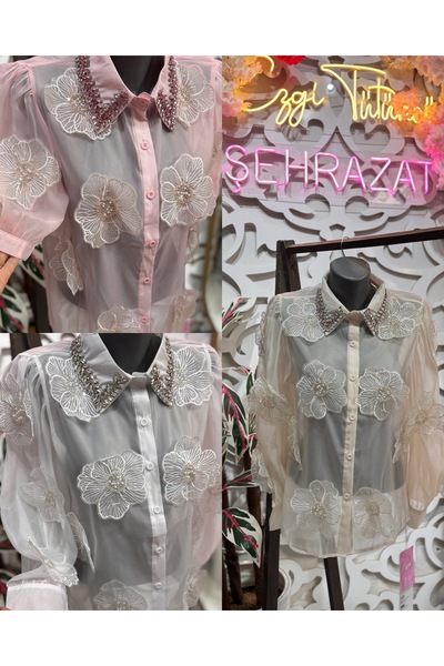 ŞEHRAZAT BUTİK Floral Design Shirt with Collar Stone Detail