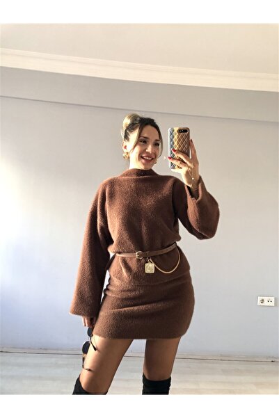 Gözde Tasarım Butik Women's Brown Bearded Knitted Mini Skirt and Stand-Up Collar Sweater Knitwear Set