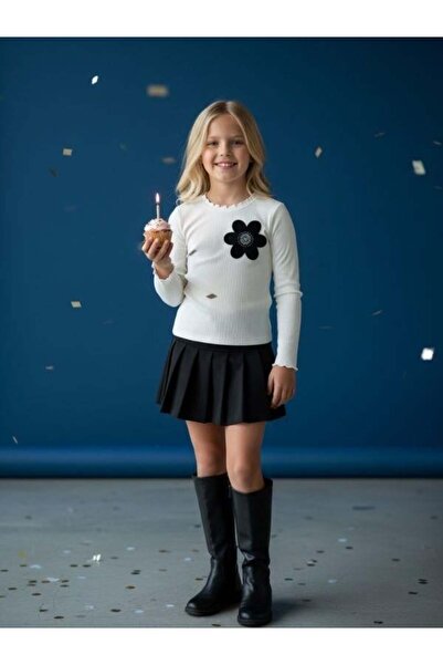 Zekids Μπλούζα για κορίτσια με βαμβακερή κεντημένη λουλουδάτη μακρυμάνικη μπλούζα K πλέξη ριμπ