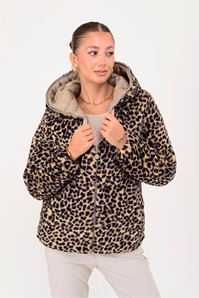 Park Moda Hv811 Twin Fur Detail Leopard Print Reversible Coat